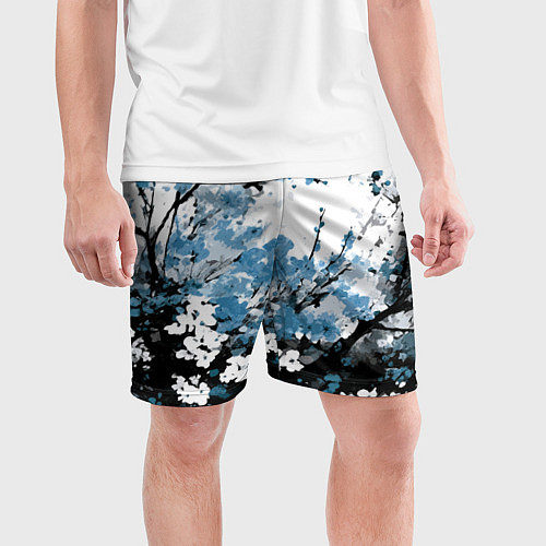 Мужские спортивные шорты Абстракция чёрное дерево с синими цветами / 3D-принт – фото 3