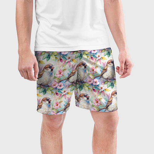Мужские спортивные шорты Воробей в ярких цветах паттерн / 3D-принт – фото 3