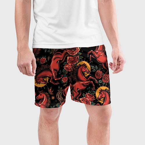 Мужские спортивные шорты Красная лошадь с розами / 3D-принт – фото 3