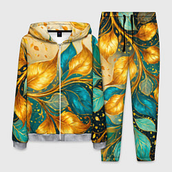 Костюм мужской Листья абстрактные золото и бирюза, цвет: 3D-меланж