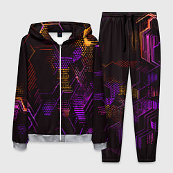 Костюм мужской Жёлто-фиолетовые точки и линии на чёрном фоне, цвет: 3D-меланж