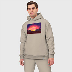 Мужской костюм оверсайз 3D неоновые горы на закате, цвет: миндальный — фото 2