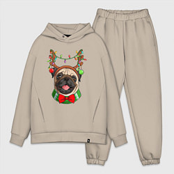 Мужской костюм оверсайз Новогодний мопс, цвет: миндальный