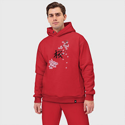Мужской костюм оверсайз Цветущая вишня и красный круг с японским иероглифо, цвет: красный — фото 2