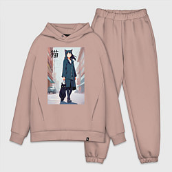 Мужской костюм оверсайз Девочка с кошкой в городе - нейросеть