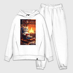 Мужской костюм оверсайз Уютный кот у камина с чашкой какао