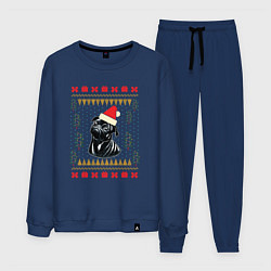 Костюм хлопковый мужской Рождественский свитер Черный мопс, цвет: тёмно-синий