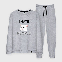 Костюм хлопковый мужской I hate people, текст с белым котом, цвет: меланж