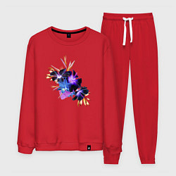 Костюм хлопковый мужской Цветы Фиолетовые Гибискусы и Ирисы, цвет: красный
