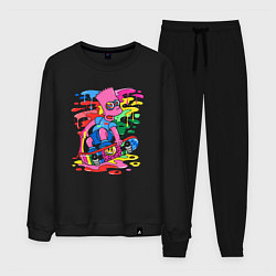 Костюм хлопковый мужской Барт Симпсон - крутой скейтер - разноцветные клякс, цвет: черный