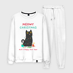 Костюм хлопковый мужской Meowy Christmas and a happy purr year, цвет: белый