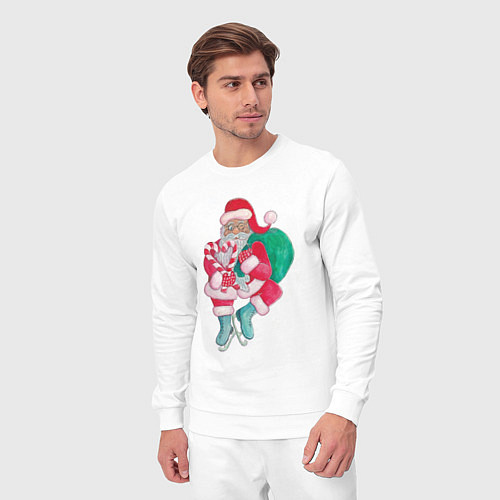 Мужской костюм Санта Клаус с мешком подарков на коньках / Белый – фото 3