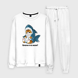 Костюм хлопковый мужской Грустный котёнок в костюме акулы, цвет: белый