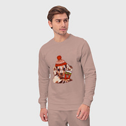 Костюм хлопковый мужской Щенок в зимней шапке и с кофе, цвет: пыльно-розовый — фото 2
