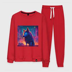 Костюм хлопковый мужской Волк в неоновом киберпанк-городе, цвет: красный