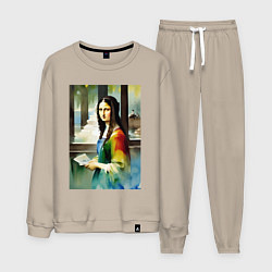 Мужской костюм Мона Лиза в библиотеке - нейросеть - акварель