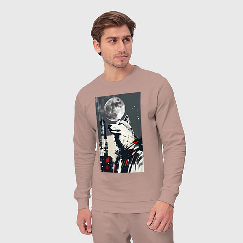 Мужской костюм Волк на фоне луны - мегаполис - нейросеть / Пыльно-розовый – фото 3