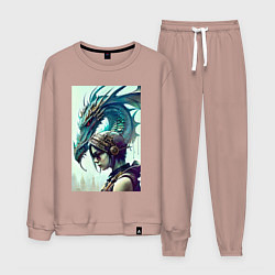 Костюм хлопковый мужской Девчонка в шлеме и дракон - киберпанк, цвет: пыльно-розовый