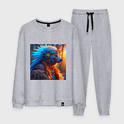 Костюм хлопковый мужской Медведь-индеец от нейросети, цвет: меланж