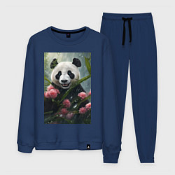 Костюм хлопковый мужской Панда в цветах под дождём - нейросеть, цвет: тёмно-синий