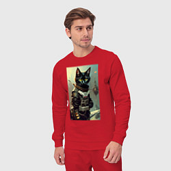 Костюм хлопковый мужской Крутой котёнок - киберпанк - нейросеть, цвет: красный — фото 2