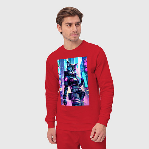 Мужской костюм Крутая кошечка - киберпанк - нейросеть / Красный – фото 3