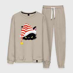 Мужской костюм Новогодний черный кот в новогоднем колпаке