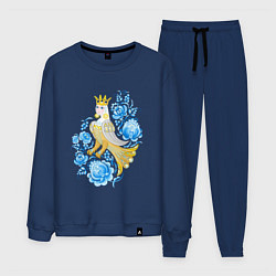 Костюм хлопковый мужской Птица Сирин в цветах по мотивам гжельской росписи, цвет: тёмно-синий