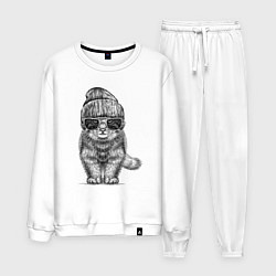 Костюм хлопковый мужской Котенок манул хипстер, цвет: белый