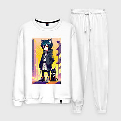 Костюм хлопковый мужской Девочка с кошкой на крыше - нейросеть, цвет: белый