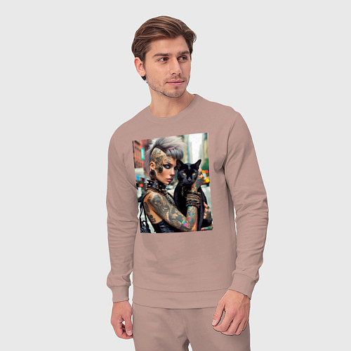 Мужской костюм Девчонка панк в татухах с чёрным котом - нейросеть / Пыльно-розовый – фото 3