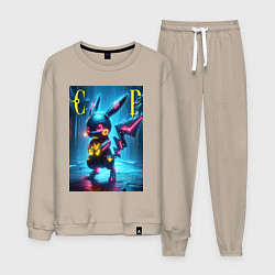 Костюм хлопковый мужской Cyber Pikachu - neon glow ai art, цвет: миндальный