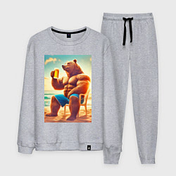 Костюм хлопковый мужской Bear bodybuilder with a cup of beer on a beach - a, цвет: меланж