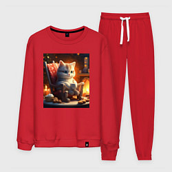 Костюм хлопковый мужской Уютный кот у камина с чашкой какао, цвет: красный