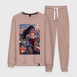 Костюм хлопковый мужской Чудо-женщина на крыше с городским фоном в стиле ко, цвет: пыльно-розовый