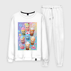 Костюм хлопковый мужской Улыбающиеся яркие разноцветные стаканчики с bubble, цвет: белый