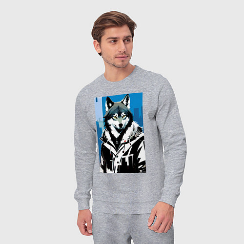 Мужской костюм Волк в мегаполисе - нейроарт / Меланж – фото 3