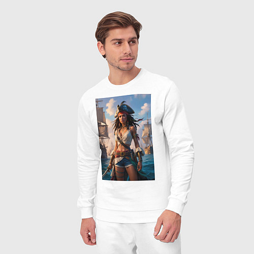 Мужской костюм Пиратка на фона флотилии кораблей / Белый – фото 3