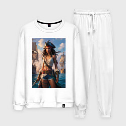 Костюм хлопковый мужской Пиратка на фона флотилии кораблей, цвет: белый