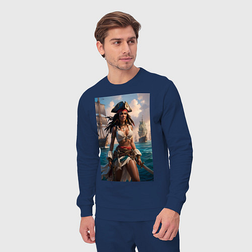 Мужской костюм Пиратка на фона флотилии кораблей / Тёмно-синий – фото 3