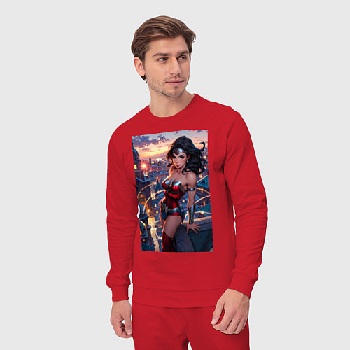 Мужской костюм Чудо-женщина с городским фоном в стиле комиксов / Красный – фото 3