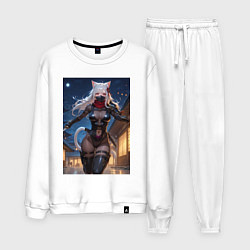 Костюм хлопковый мужской Кошка-ниндзя с ножами бежит в ночи, цвет: белый