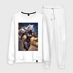 Костюм хлопковый мужской Кошка-ниндзя с ножами бежит в ночи, цвет: белый