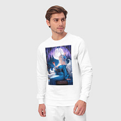 Костюм хлопковый мужской Лисица в кимоно любуется цветением глицинии, цвет: белый — фото 2