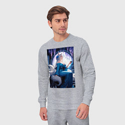 Костюм хлопковый мужской Лисица в кимоно любуется цветением глицинии, цвет: меланж — фото 2