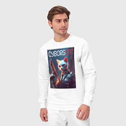 Костюм хлопковый мужской Cyborg white cat - ai art fantasy, цвет: белый — фото 2