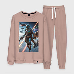 Костюм хлопковый мужской Девушка-мандалорец в космосе, цвет: пыльно-розовый