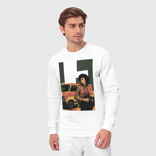 Мужской костюм Девушка с автоматом на фоне минивэна ретрофутуризм / Белый – фото 3