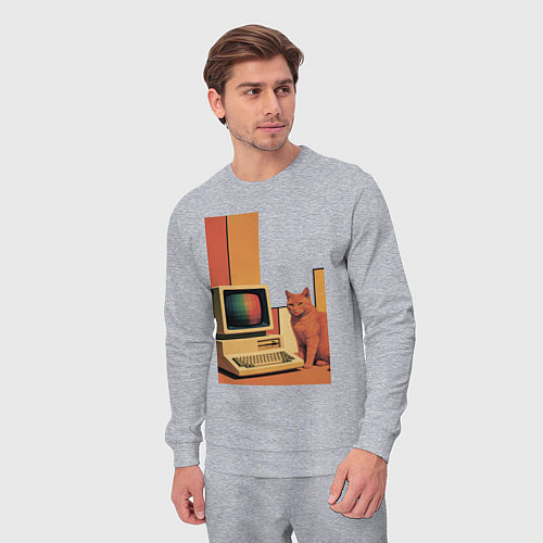 Мужской костюм Рыжий кот сидит у старого компьютера ретро поп-арт / Меланж – фото 3