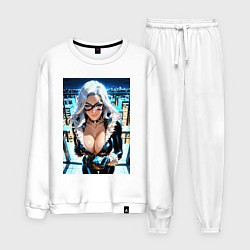 Костюм хлопковый мужской Черная кошка с брилиантом на крыше здания, цвет: белый